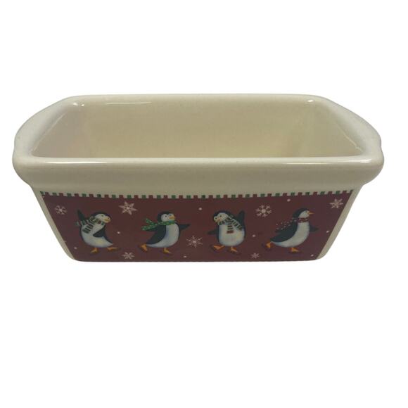 Set of Two Snowman Winter Penguin Microwave & Oven Safe Ceramic Mini Loaf Pans - Picture 3 of 4
